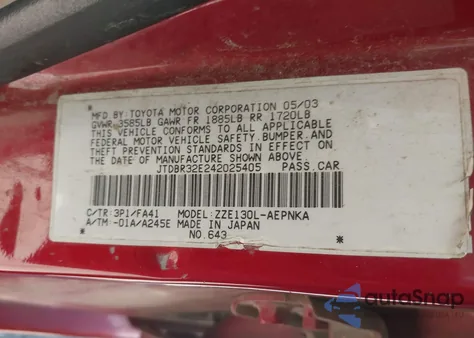 2004 Toyota Corolla Le z USA, uszkodzony, nr VIN JTDBR32E242025405